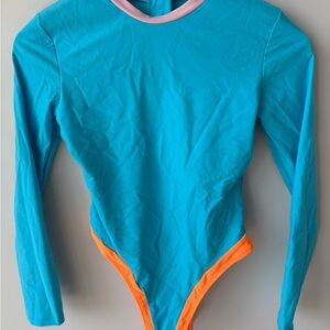 NWOT Blue and Orange Long Sleeve One Piece Swimsuit